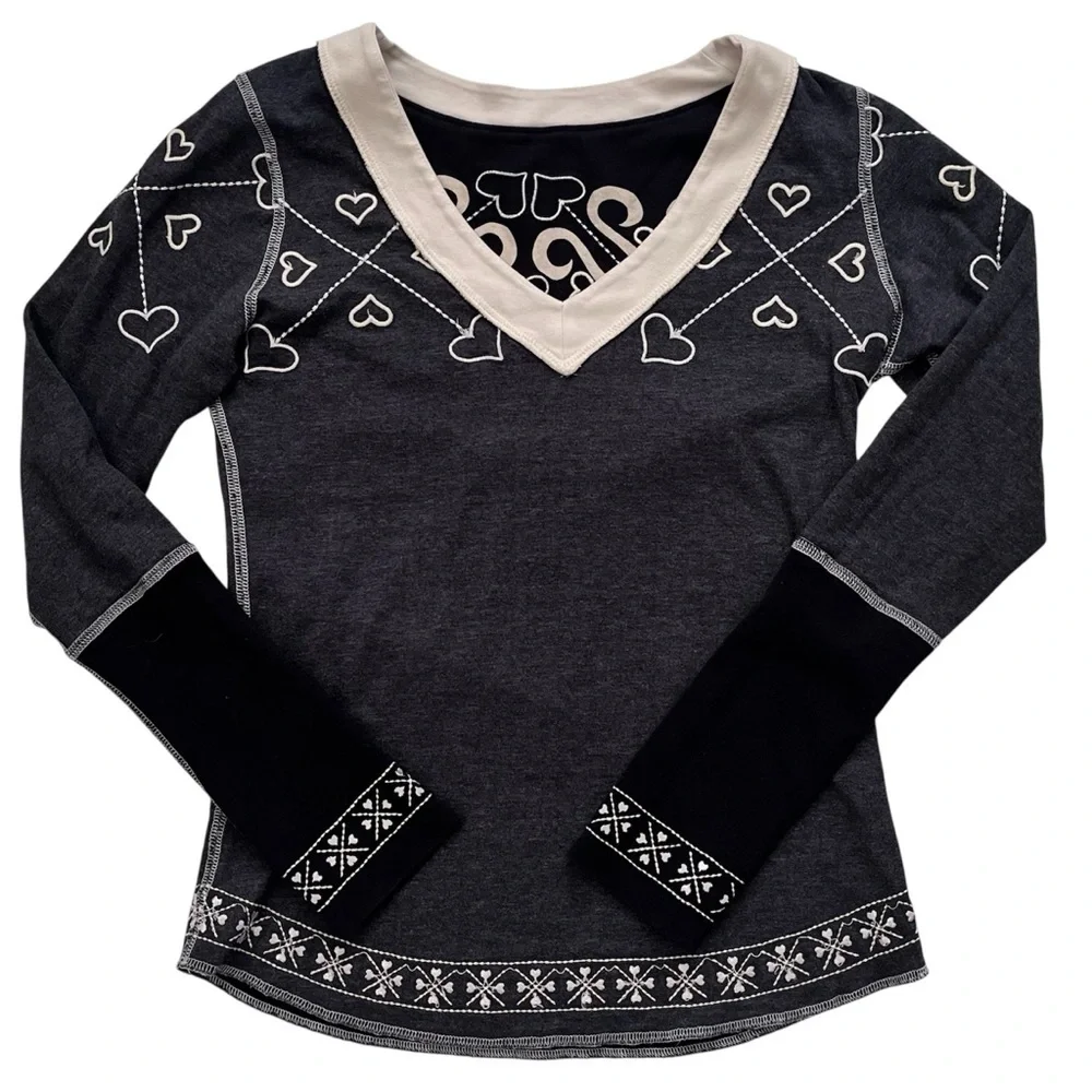 Alp-n-Rock Snowflake V Neck Long Sleeve Top Black Reversible Hearts Size XS/S - Picture 8 of 9